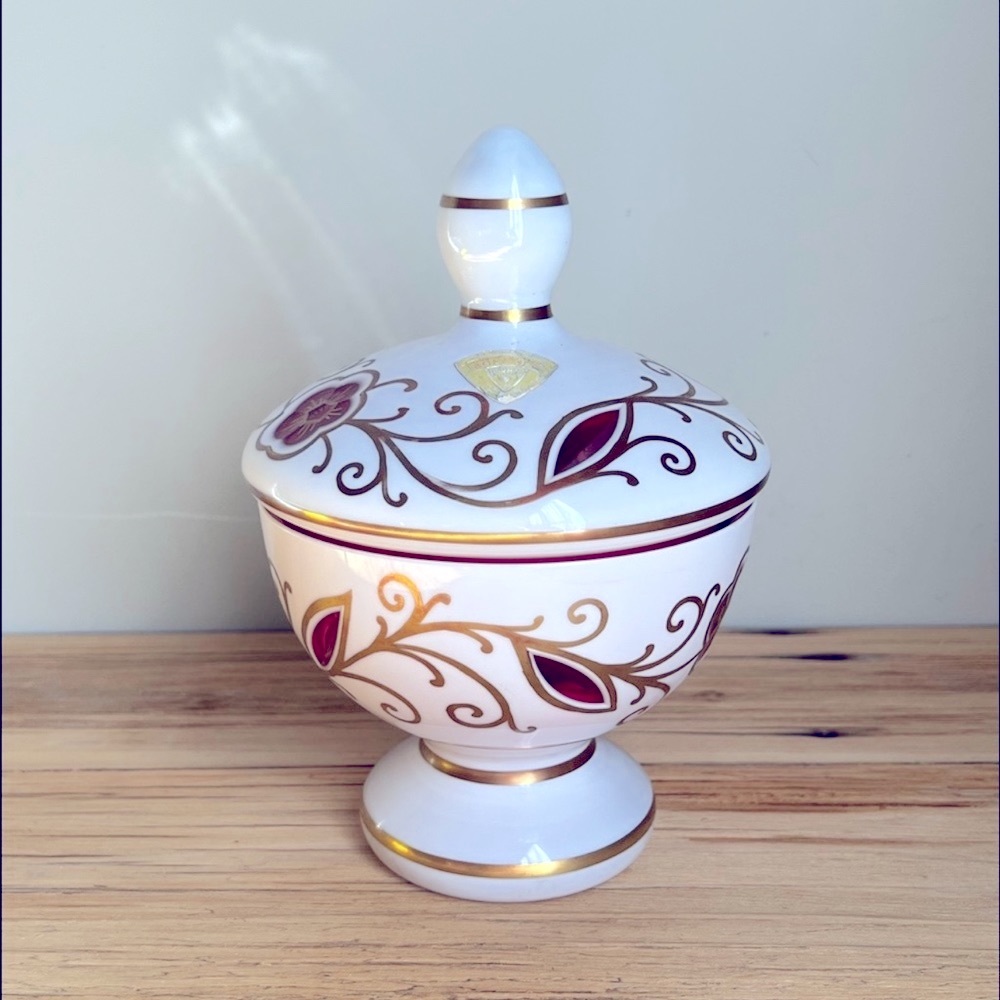 Czech Bohemian Crystal White Overlay Cut To Cranberry Lidded Candy Dish